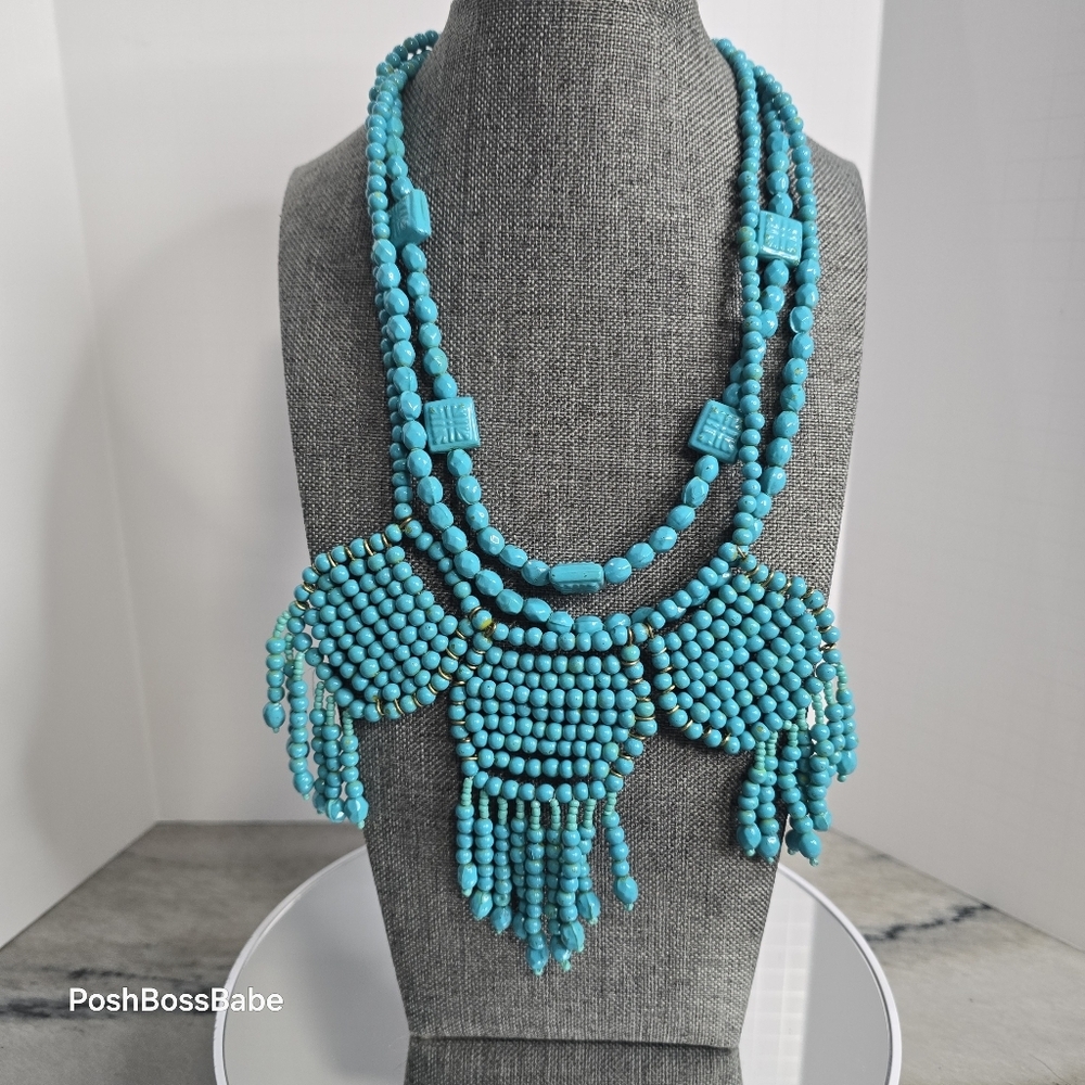 Layered Turquoise Bead Statement Bib Necklace Adj… - image 1